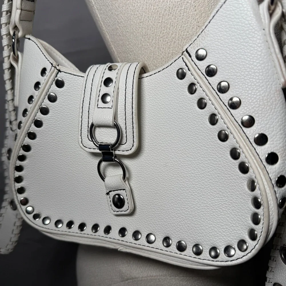 White Studded Shoulder Bag‎ Silver Studs Adjustable Strap Grunge purse